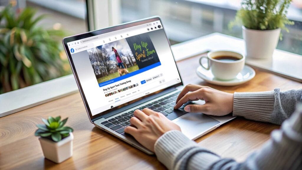 Zdjęcie laptopa z grupą sportową na facebooku