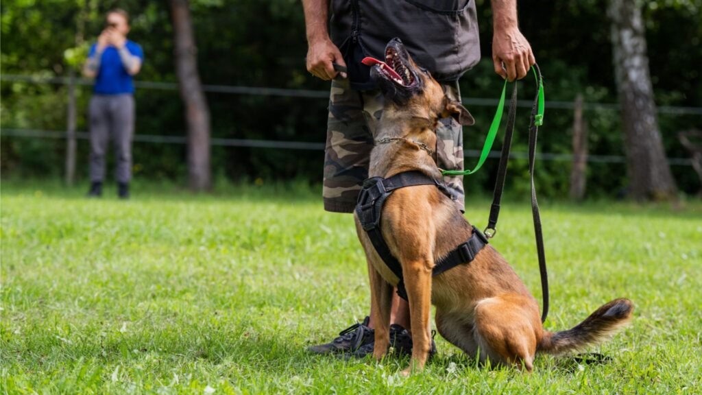 Skuteczne szkolenie - suczka malinois siedzi przy nodze wpatrzona w przewodnika