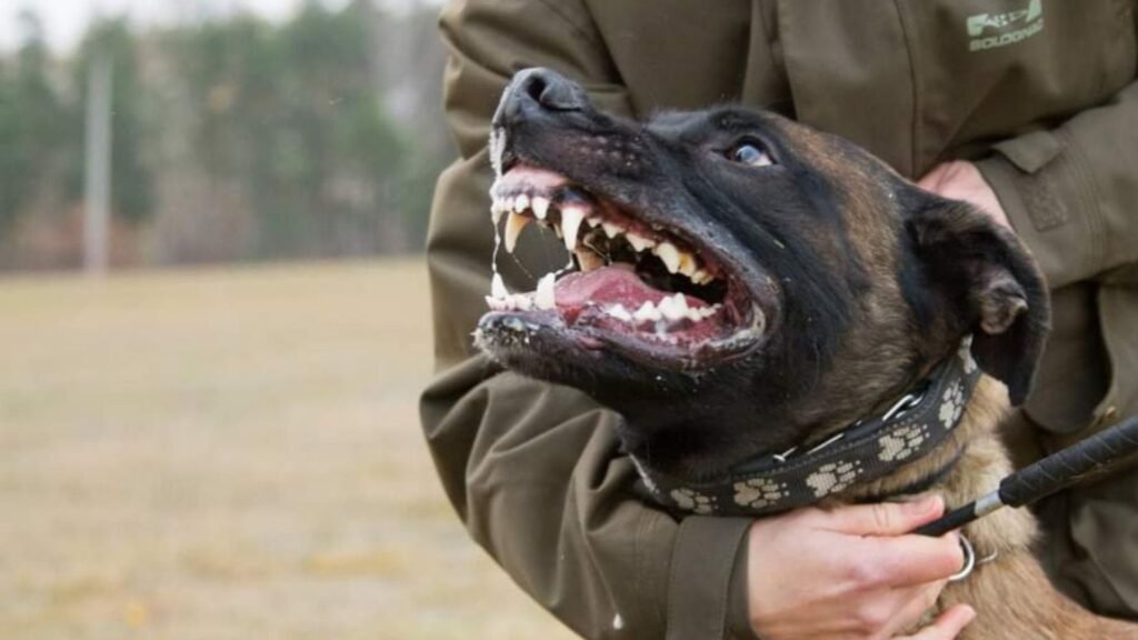 Owczarek belgijski malinois pokazuje zęby na obronie